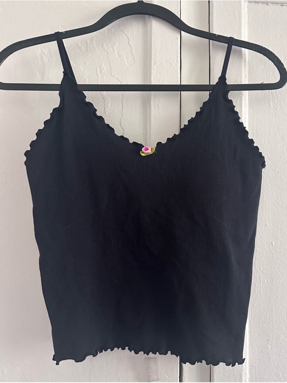Black Ribbed V-Neck Cami with Pink Rose Detail